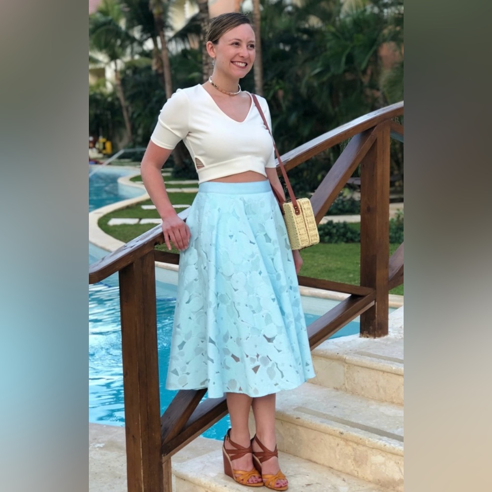 Ted Baker London Sky Blue Quinia Full Pleated Skirt Embroidered Lace & Burnout